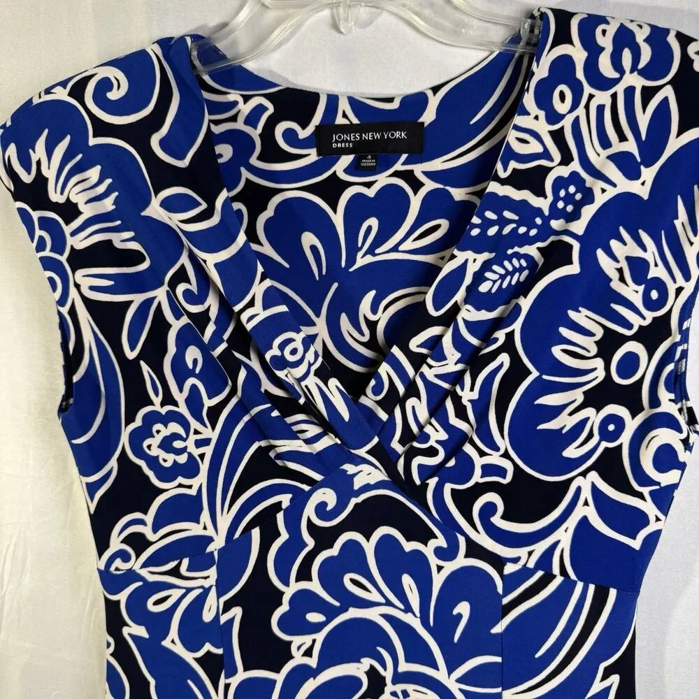 Jones New York Women’s Blue White Floral Print Sleeveless Dress Sizes 4 Dressy
